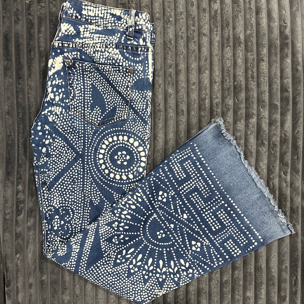 Free People Discharge Bali Hand Printed Flare Jeans
